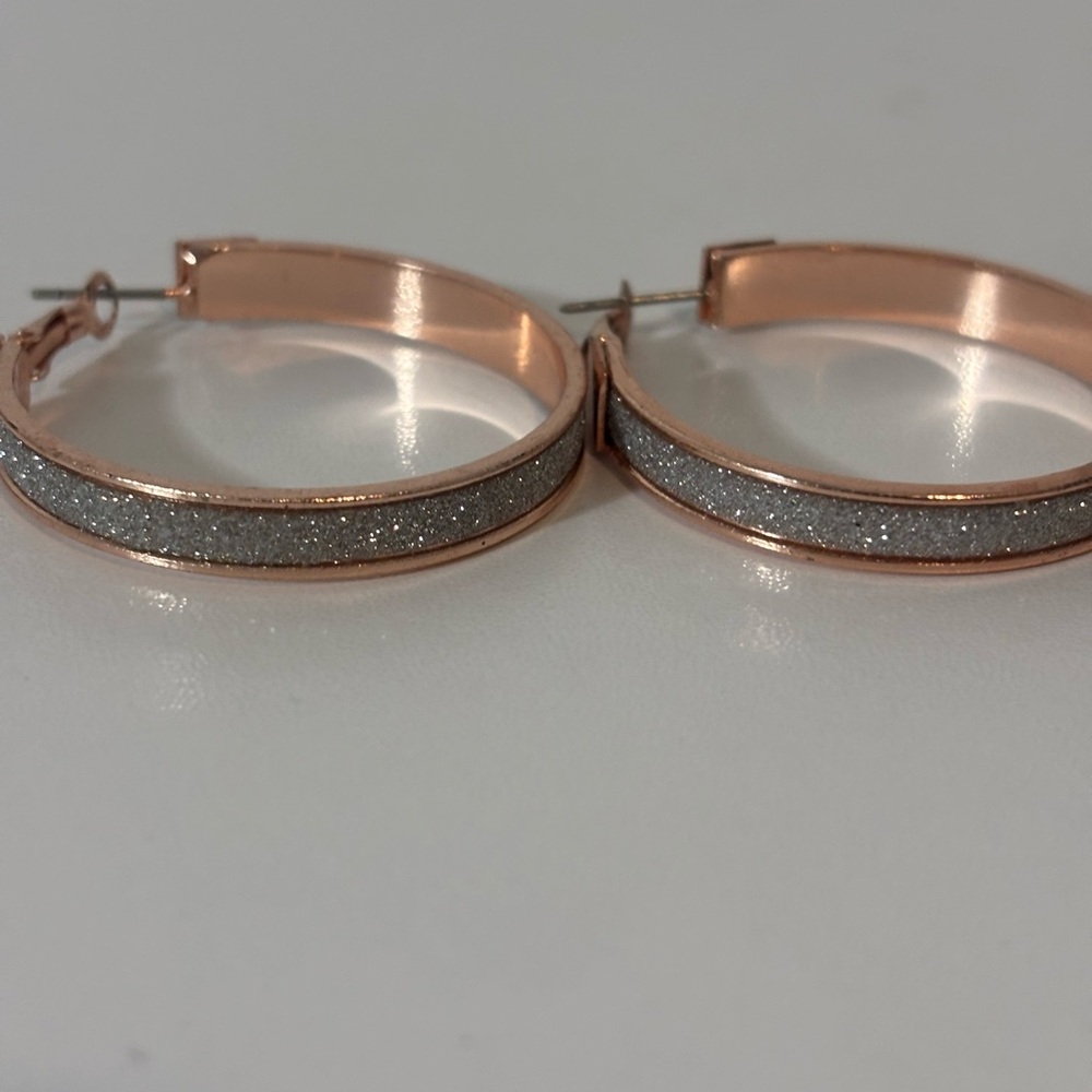 Rose Gold with Silver Glitter Stardust Hoop Earrings Casual Cocktail